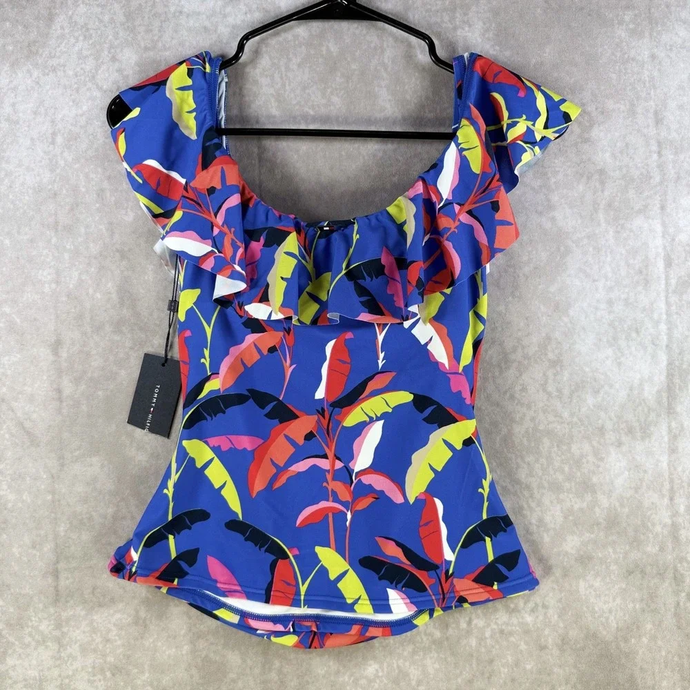 Tommy Hilfiger Womens Ruffle Tankini Top Providence‎ Blue Print Size XS Tropical